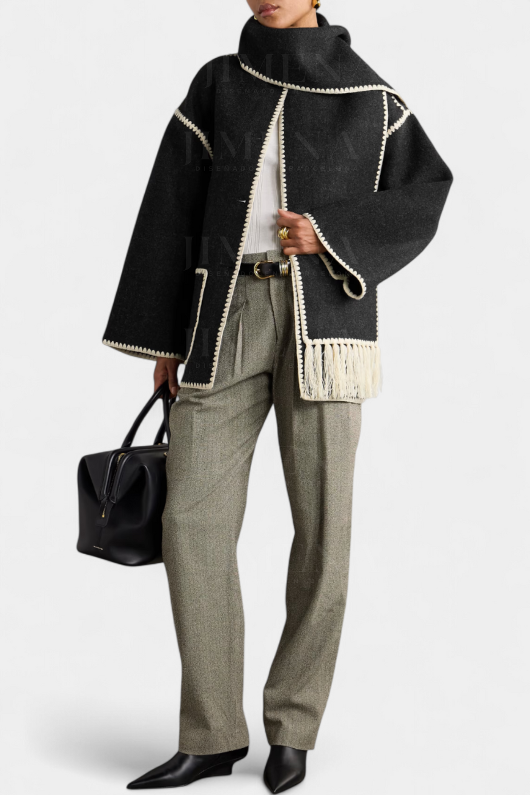 Pauline Coat Featuring Built-In Scarf and Elegant Flowing Design