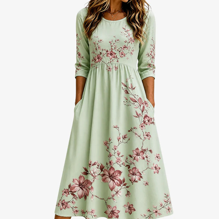 Sage Blossom Garden Pocket Midi Dress