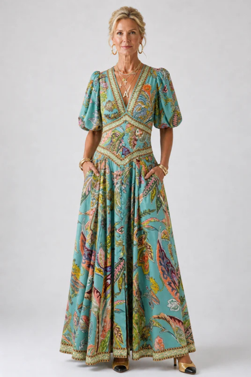 Rociana™ | Airy Maxi Dress With Puff Sleeves And V-Neck