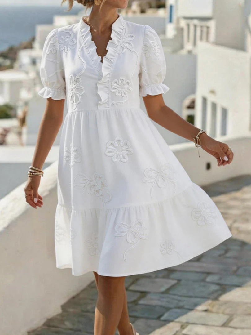 Bellina™ | Embroidered Ruffle V-Neck Puff Sleeve Dress