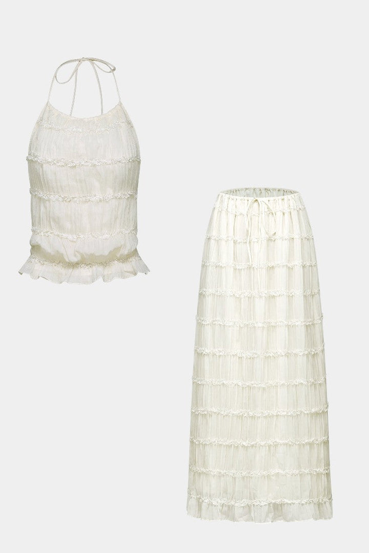 Eugenie Halter Neck Pleated Ensemble with Flowing High-Waisted Skirt