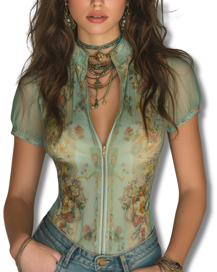 Retro-print Slim-fit Chiffon Short-sleeved Blouse