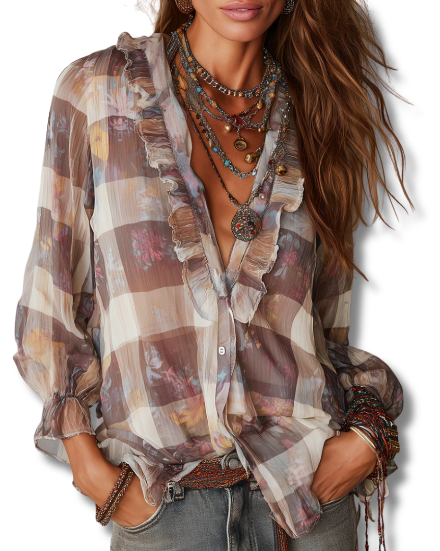 Bohemian Plaid Floral Chiffon Print Blouse With Ruffles