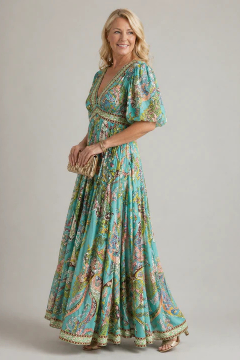 Rociana™ | Airy Maxi Dress With Puff Sleeves And V-Neck