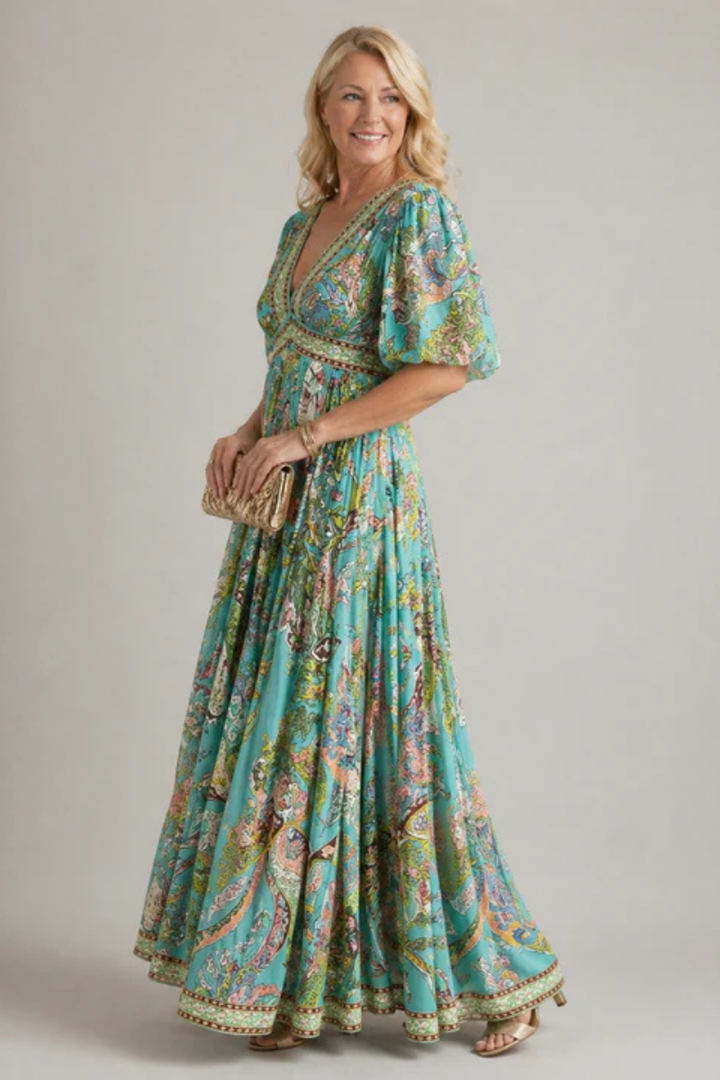 Rociana™ | Airy Maxi Dress With Puff Sleeves And V-Neck