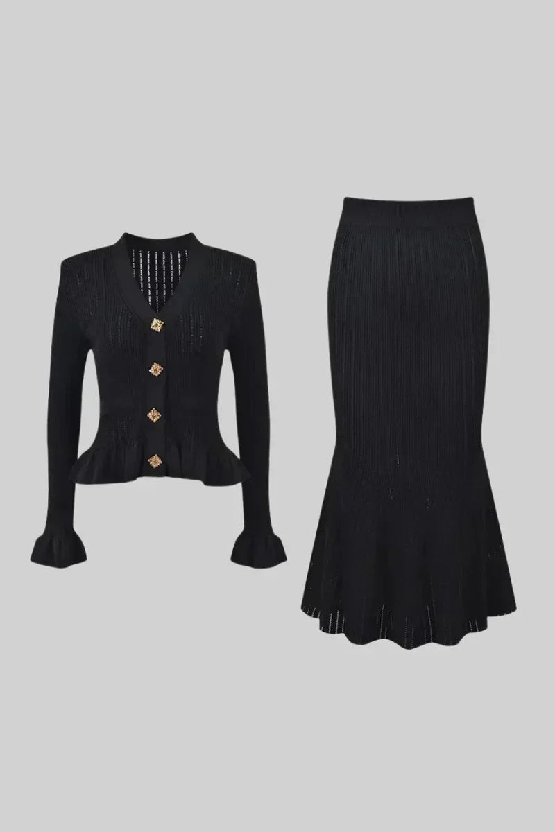 Prudence Knit Ensemble: Ruffled Cardigan and Flared Midi Skirt