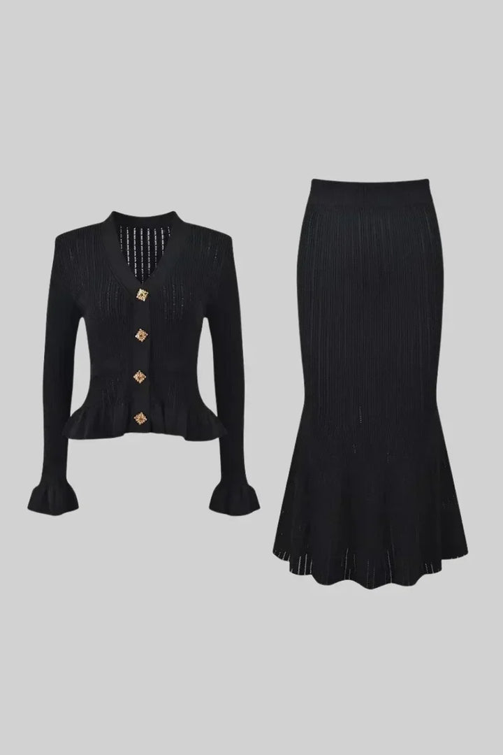 Prudence Knit Ensemble: Ruffled Cardigan and Flared Midi Skirt