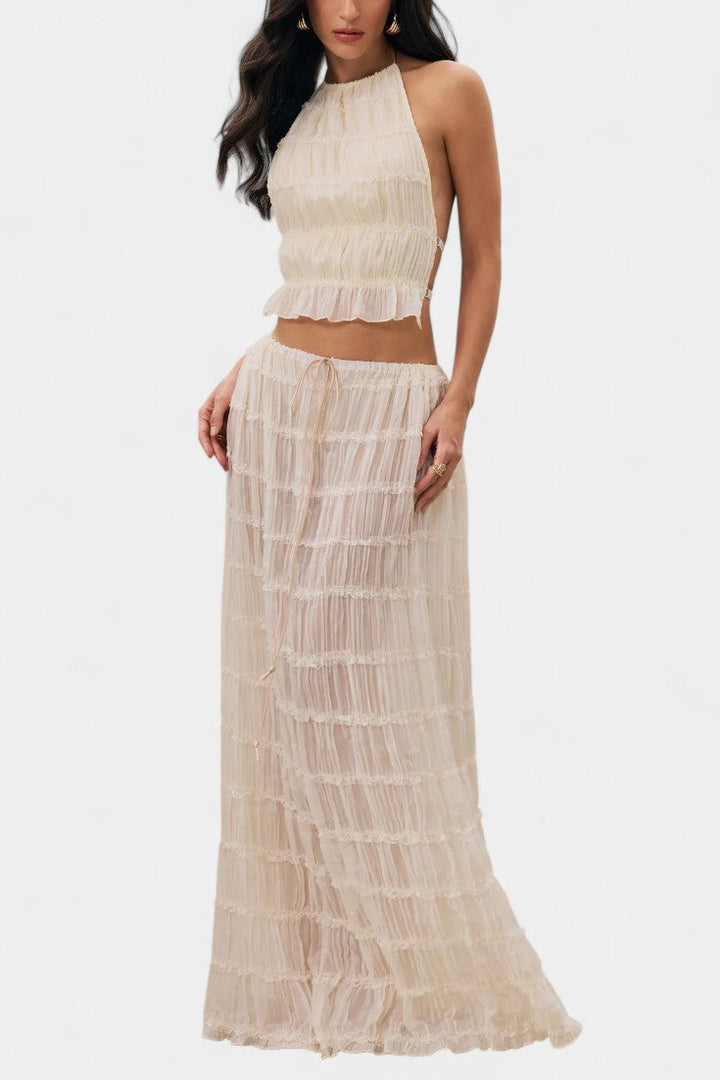 Eugenie Halter Neck Pleated Ensemble with Flowing High-Waisted Skirt