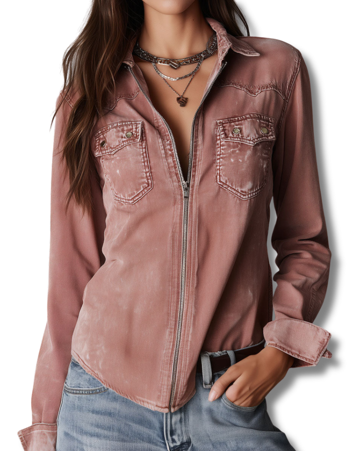 Western Soft Faded Dusty Rose Washed Denim Zip Shirt