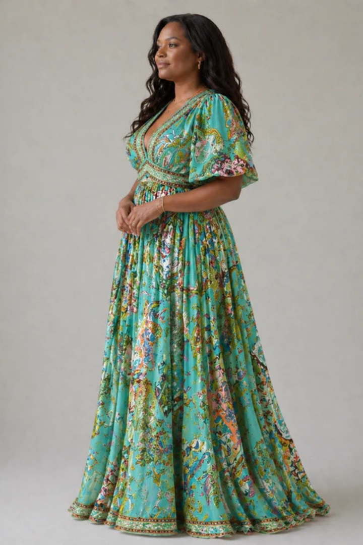 Rociana™ | Airy Maxi Dress With Puff Sleeves And V-Neck