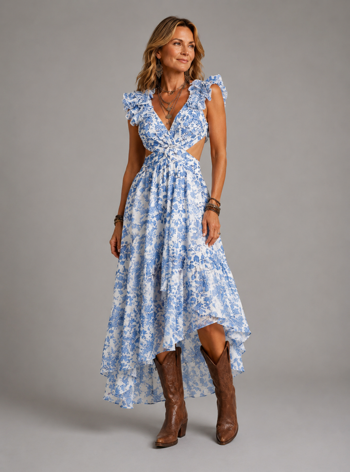 Sleeveless Hollowed Slim Fit V-neck Ruffled Dress