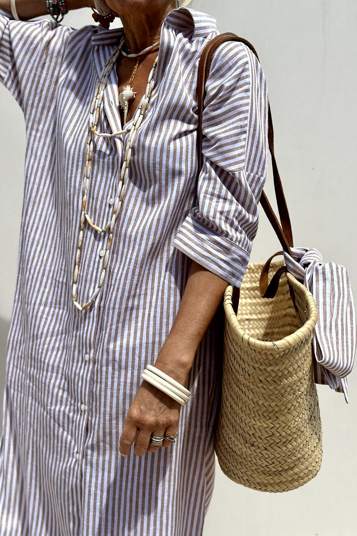 Beau | Women's Linen Striped Collared Button-Down Midi Dress