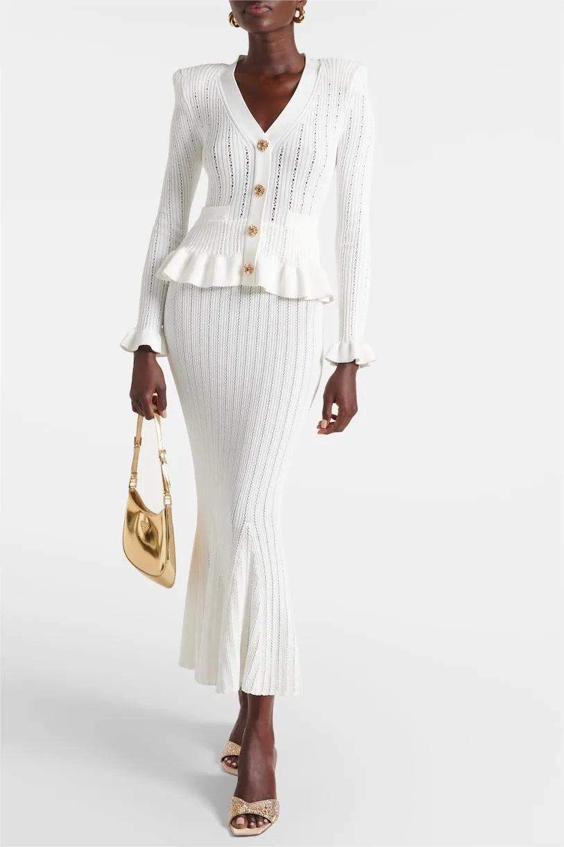 Prudence Knit Ensemble: Ruffled Cardigan and Flared Midi Skirt