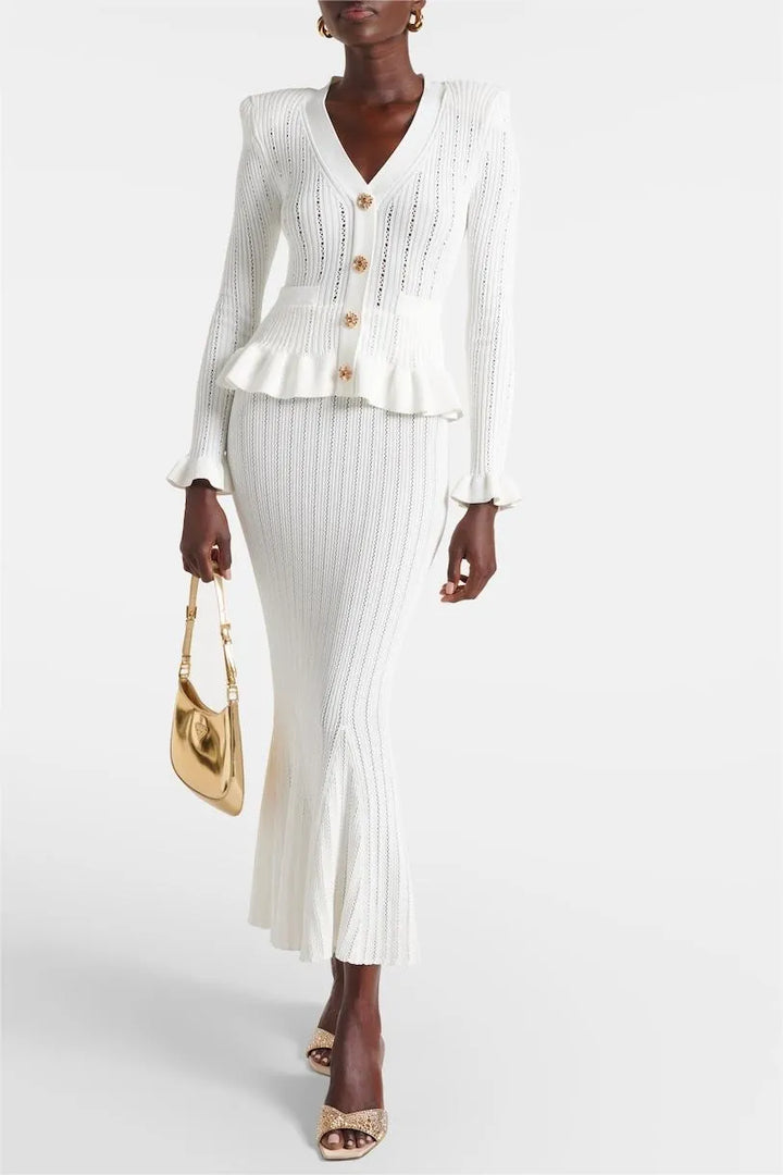 Prudence Knit Ensemble: Ruffled Cardigan and Flared Midi Skirt