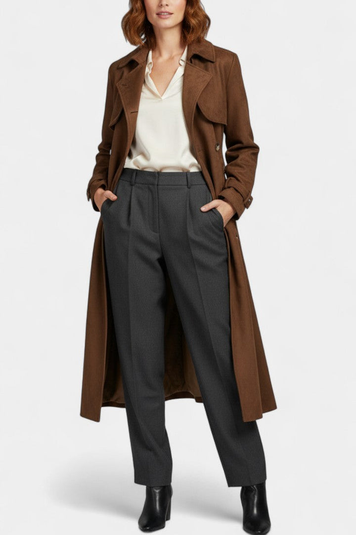 Leelie Adjustable Belted Maxi Trench Coat in Synthetic Suede