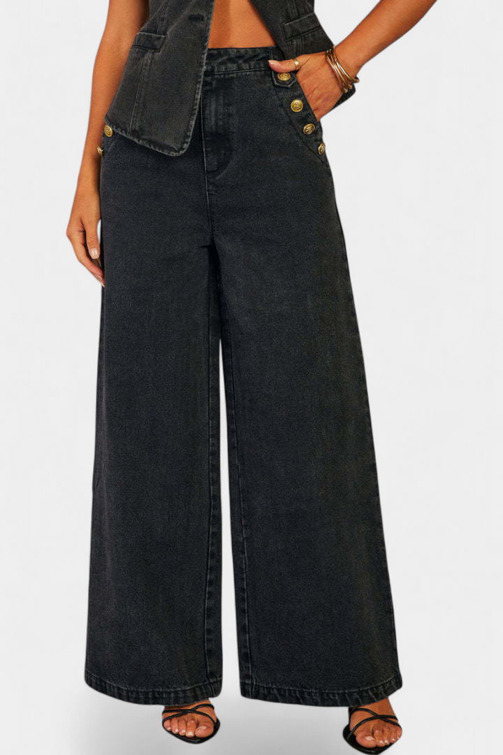 Ludovica Denim Set: Fitted Sleeveless Jacket & Wide-Leg Jeans