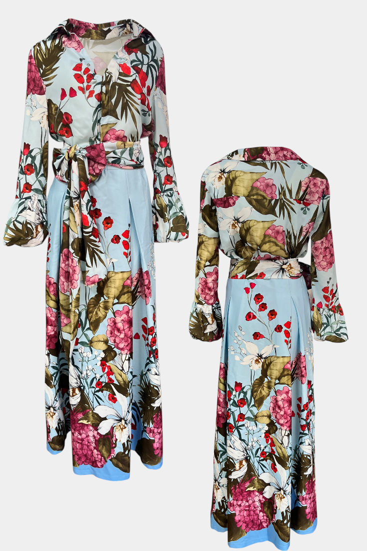 Sanne Botanical Print Ensemble: Belted Shirt and Palazzo Pants