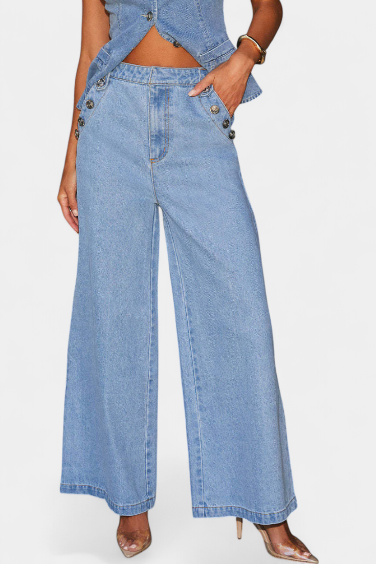 Ludovica Denim Set: Fitted Sleeveless Jacket & Wide-Leg Jeans