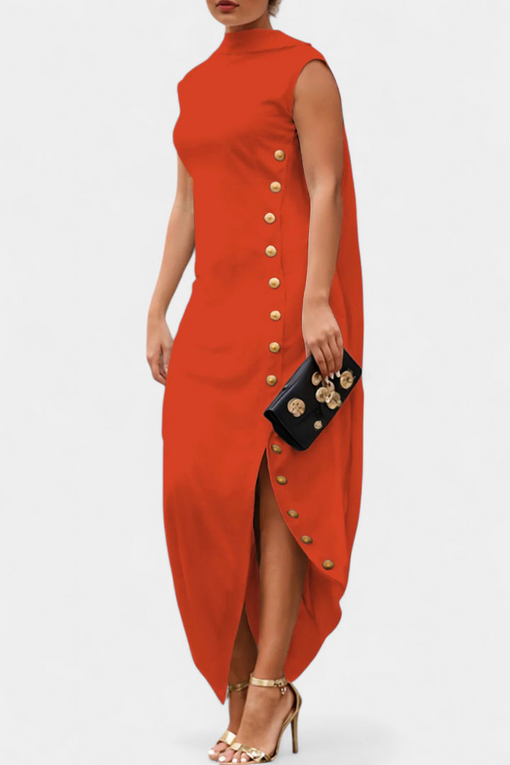 Asymmetrical Sleeveless Dress by Aphrodite Featuring Elegant Golden Buttons