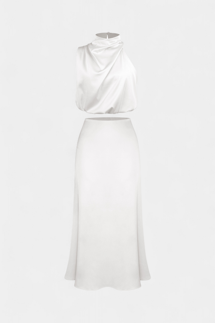 Hanna Two-Piece Draped Halter Neck Set with Open Back Design