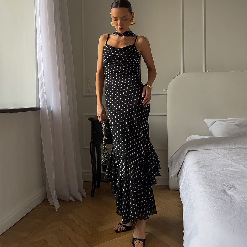 Elegant Polka Dot Long Dress with Shawl