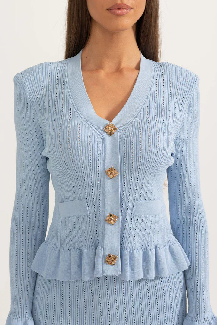 Prudence Knit Ensemble: Ruffled Cardigan and Flared Midi Skirt