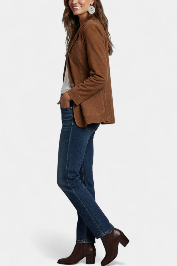 Tanja Retro Brown Suede Jacket with Contrasting Stitch Details