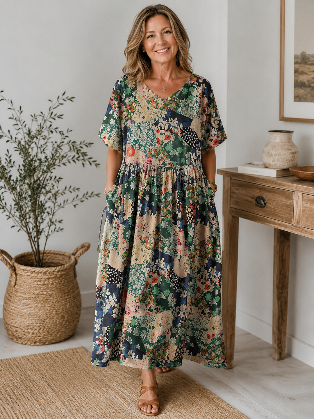Odelia™ | Vintage Patchwork Floral Midi Dress