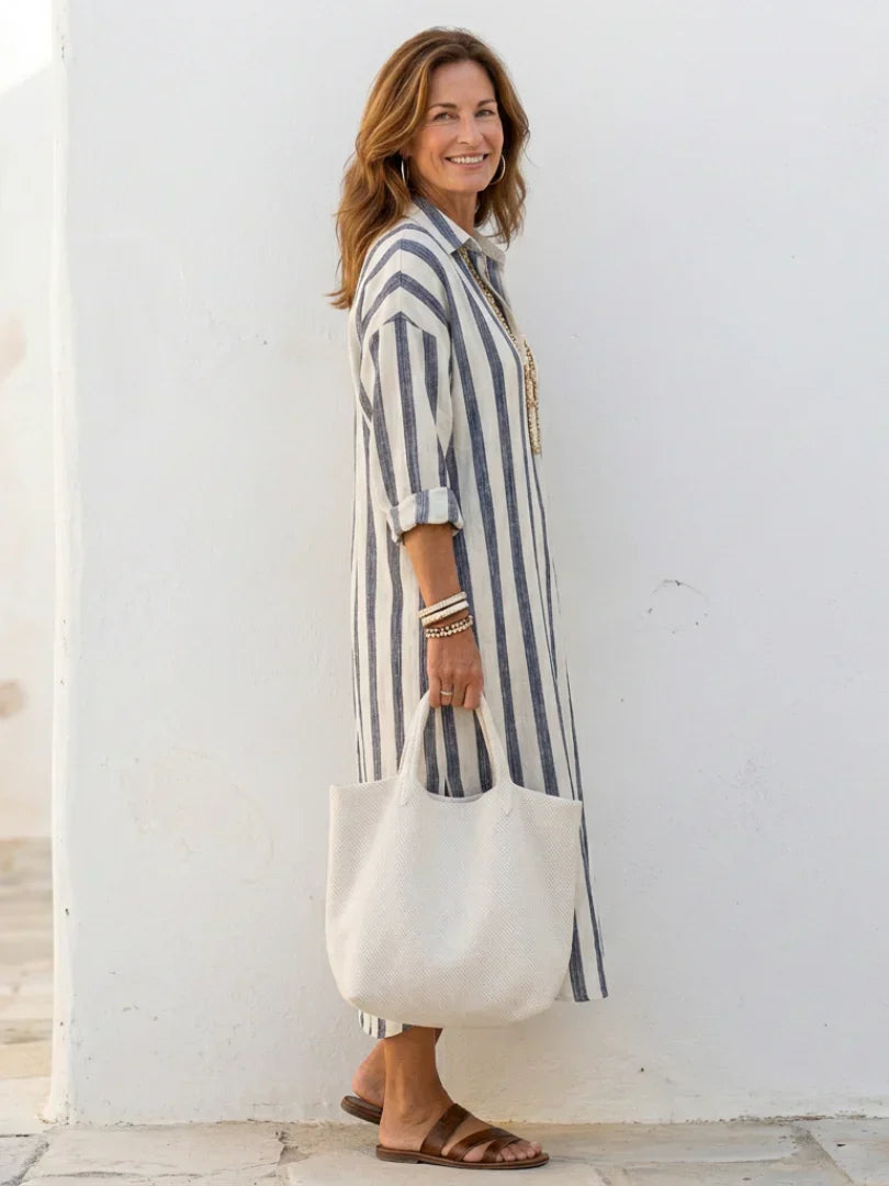 Striped Midi Shirt Dress | V-Neck Women's Summer
