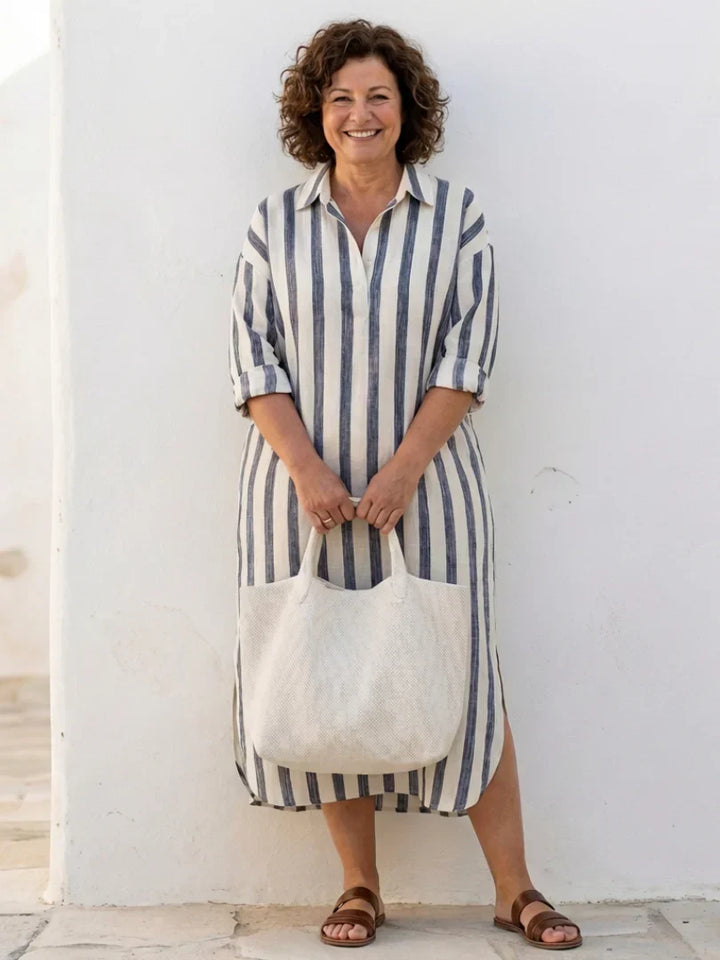 Striped Midi Shirt Dress | V-Neck Women's Summer