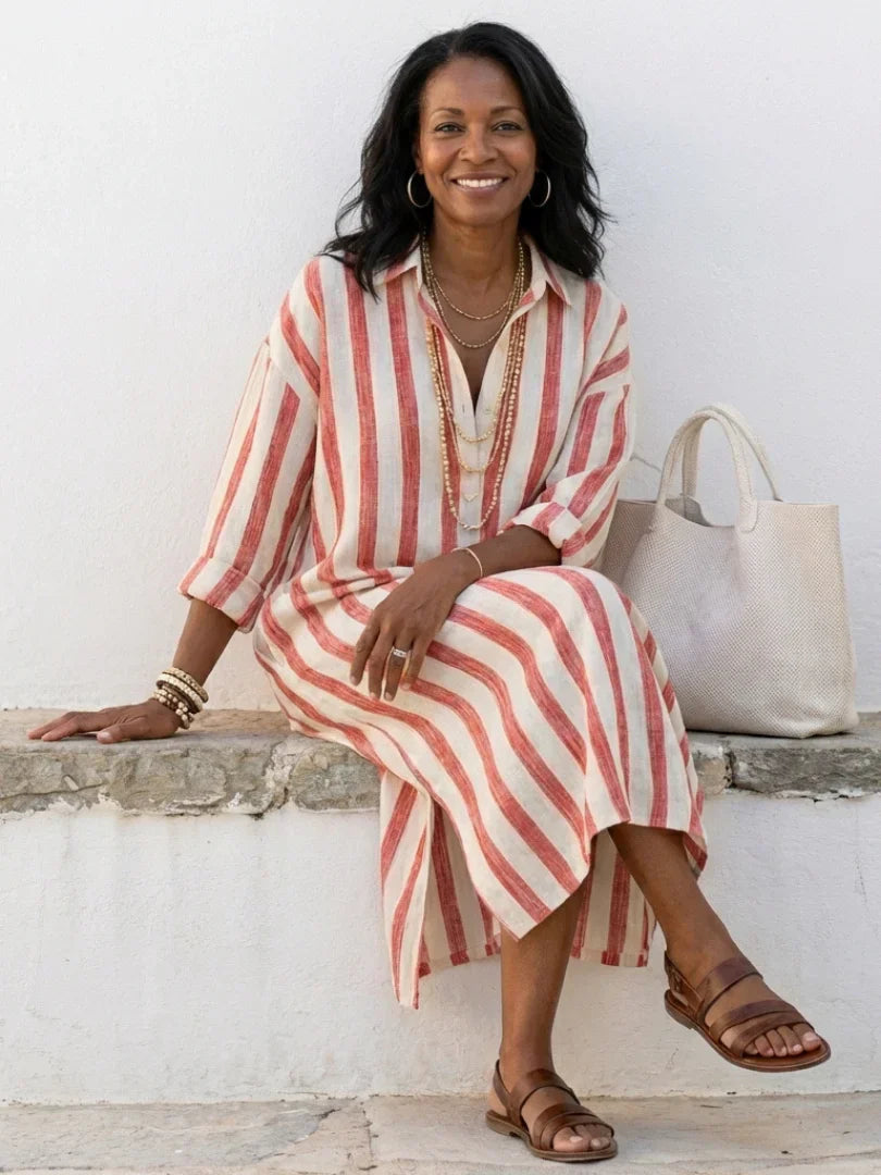 Striped Midi Shirt Dress | V-Neck Women's Summer