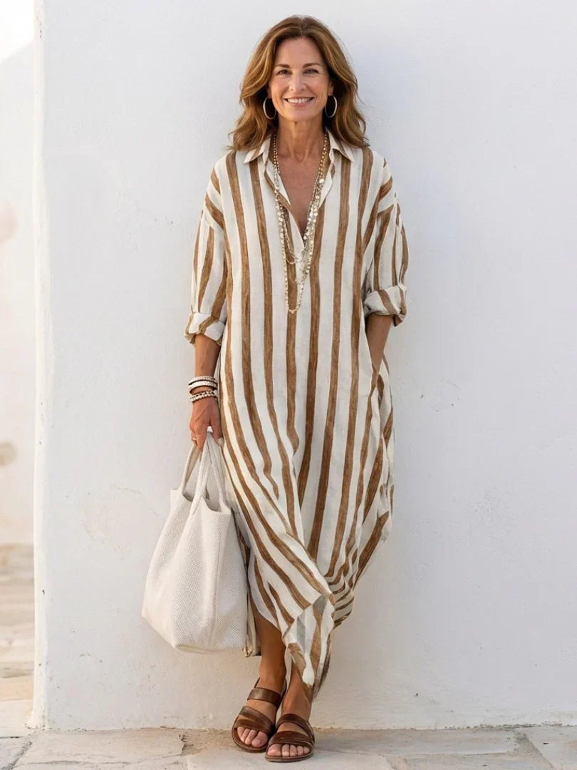 Striped Midi Shirt Dress | V-Neck Women's Summer