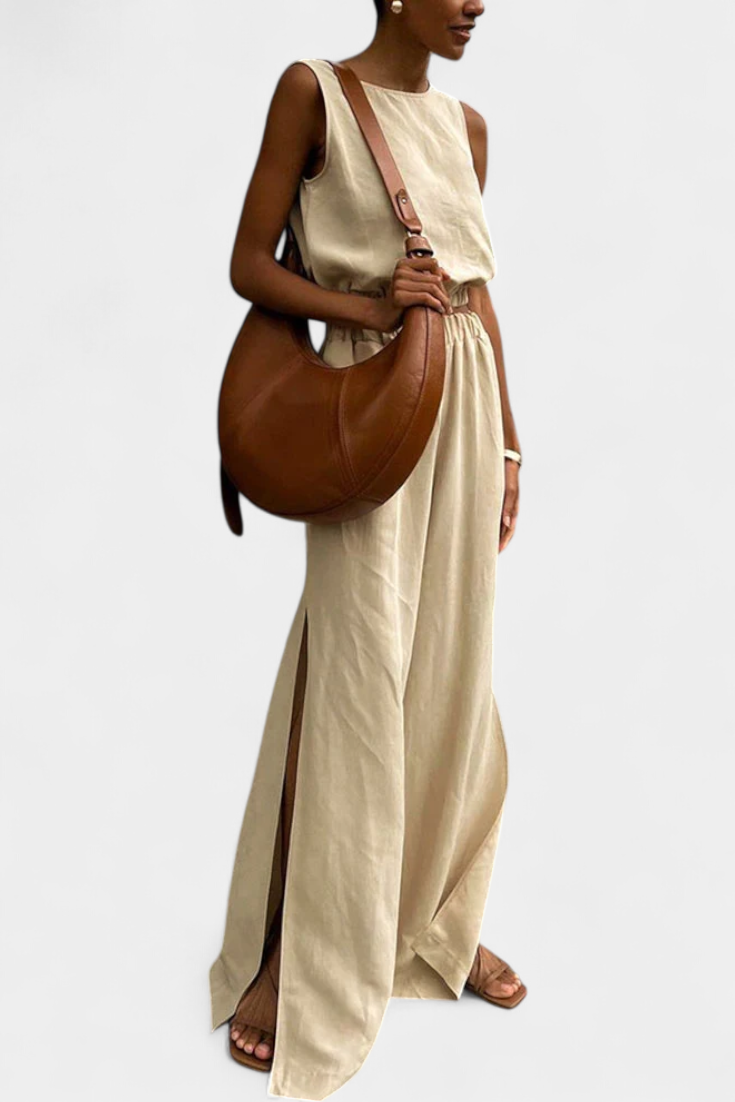 Portia Sleeveless Cotton-Linen Set with Wide-Leg Trousers