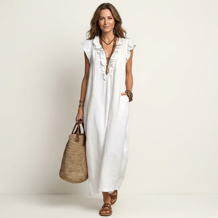 Roselia | Ruffle V-Neck Linen Maxi Dress