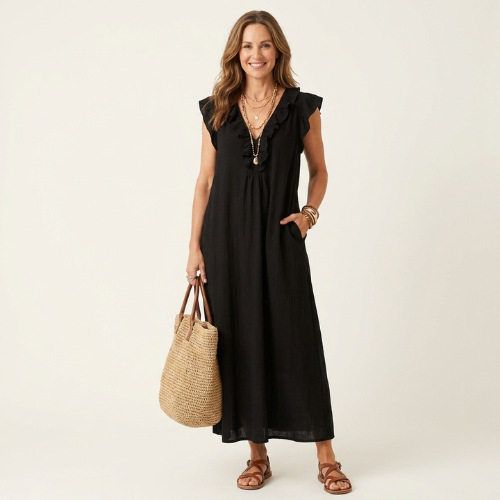 Roselia | Ruffle V-Neck Linen Maxi Dress