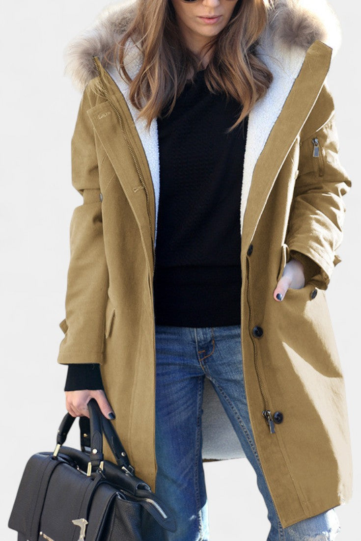 Katell Mid-Length Hooded Parka Featuring Faux Fur Collar