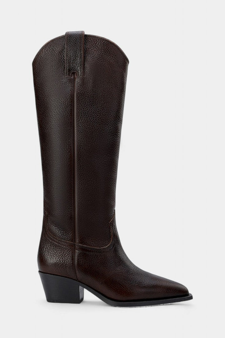 Icelle Brown Leather Equestrian Boots with Pointed Toe and Low Heel Design