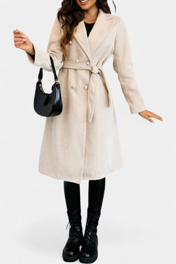 Miguelle Double-Breasted Coat Featuring a Stylish Tie Belt