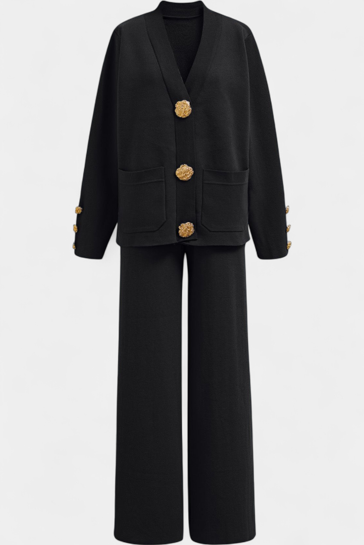 Aireen Classic Cardigan Set with Wide-Leg Trousers