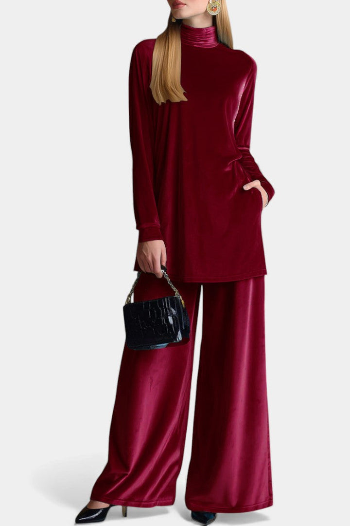Tifenn Velvet High-Top and Split Pants Set with Elevated Collar