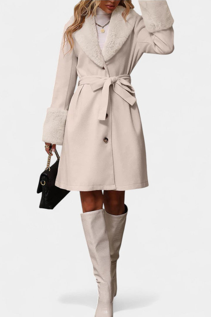 Colombine Trapeze Coat with Belt and Faux Fur Accents