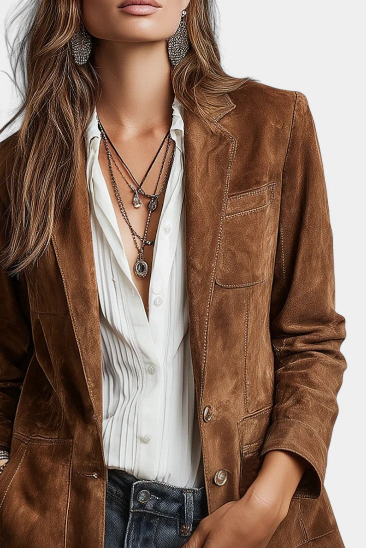 Tanja Retro Brown Suede Jacket with Contrasting Stitch Details