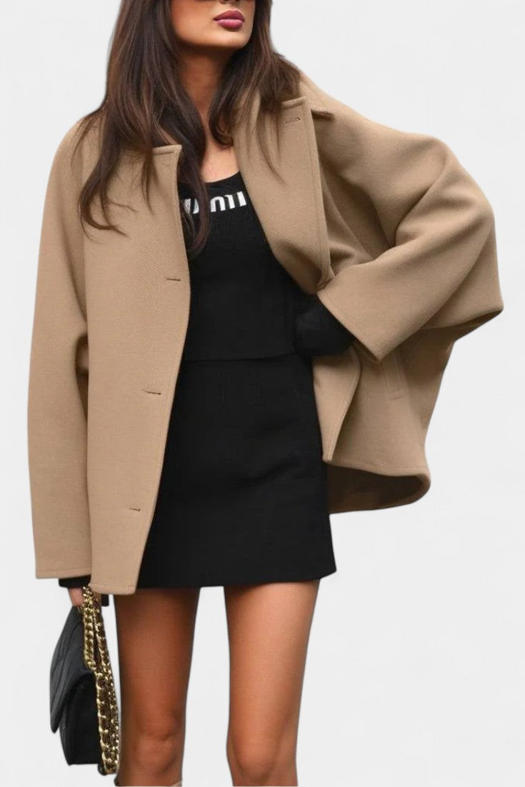 Ambreline Mid-Length Wool Batwing Coat featuring Notch Collar