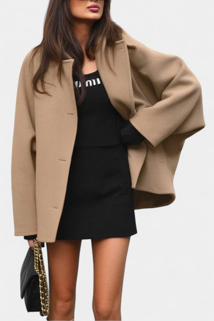 Ambreline Mid-Length Wool Batwing Coat featuring Notch Collar