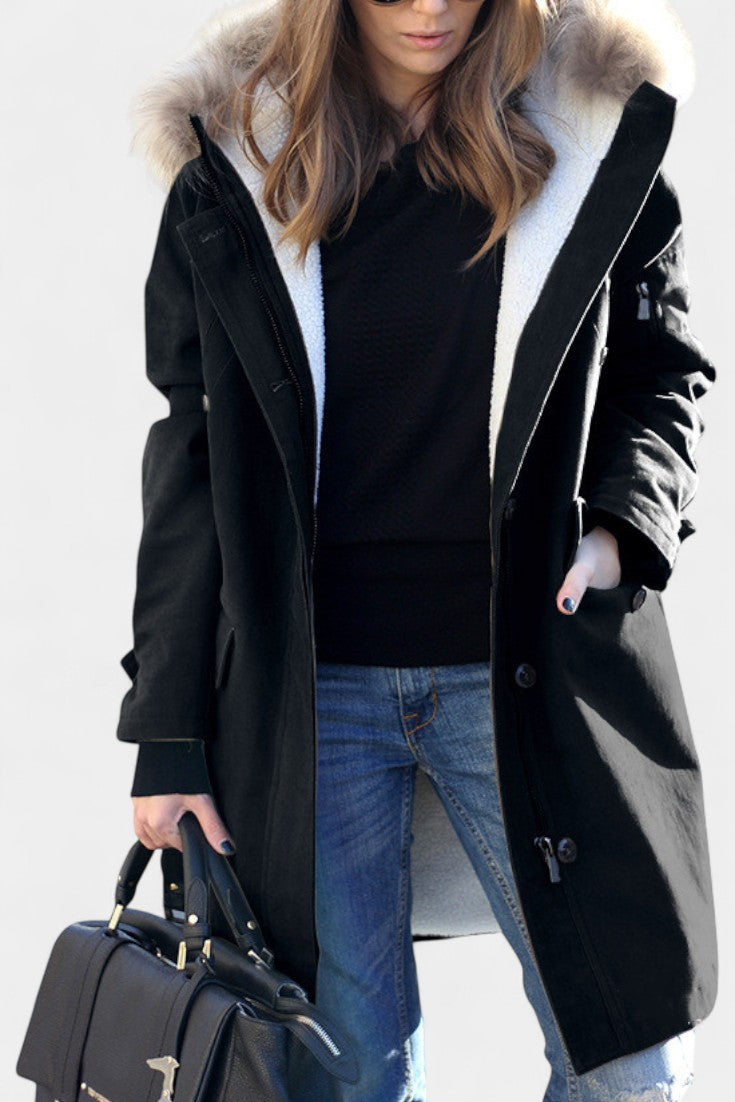 Katell Mid-Length Hooded Parka Featuring Faux Fur Collar