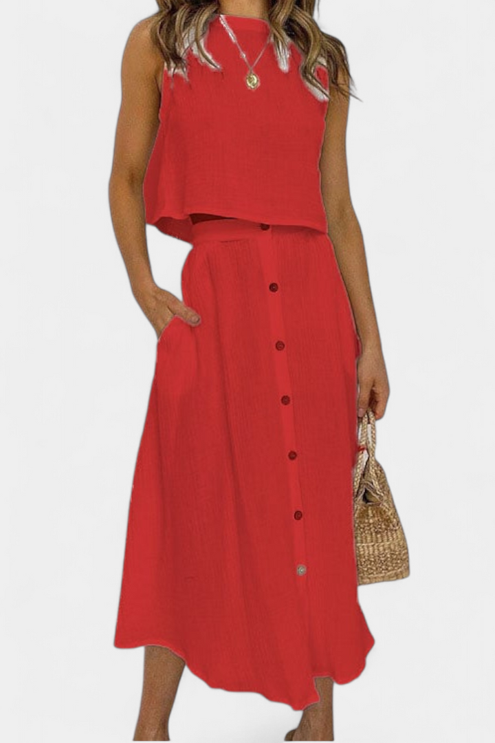 Naha Casual Cotton Ensemble with Center Button Detail and Midi Skirt