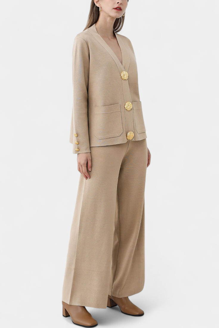 Aireen Classic Cardigan Set with Wide-Leg Trousers