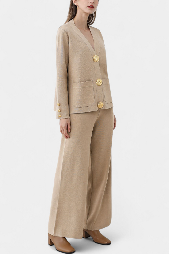 Aireen Classic Cardigan Set with Wide-Leg Trousers