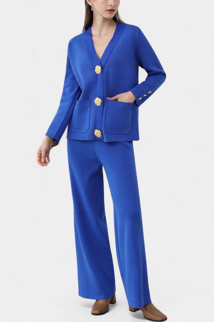 Aireen Classic Cardigan Set with Wide-Leg Trousers