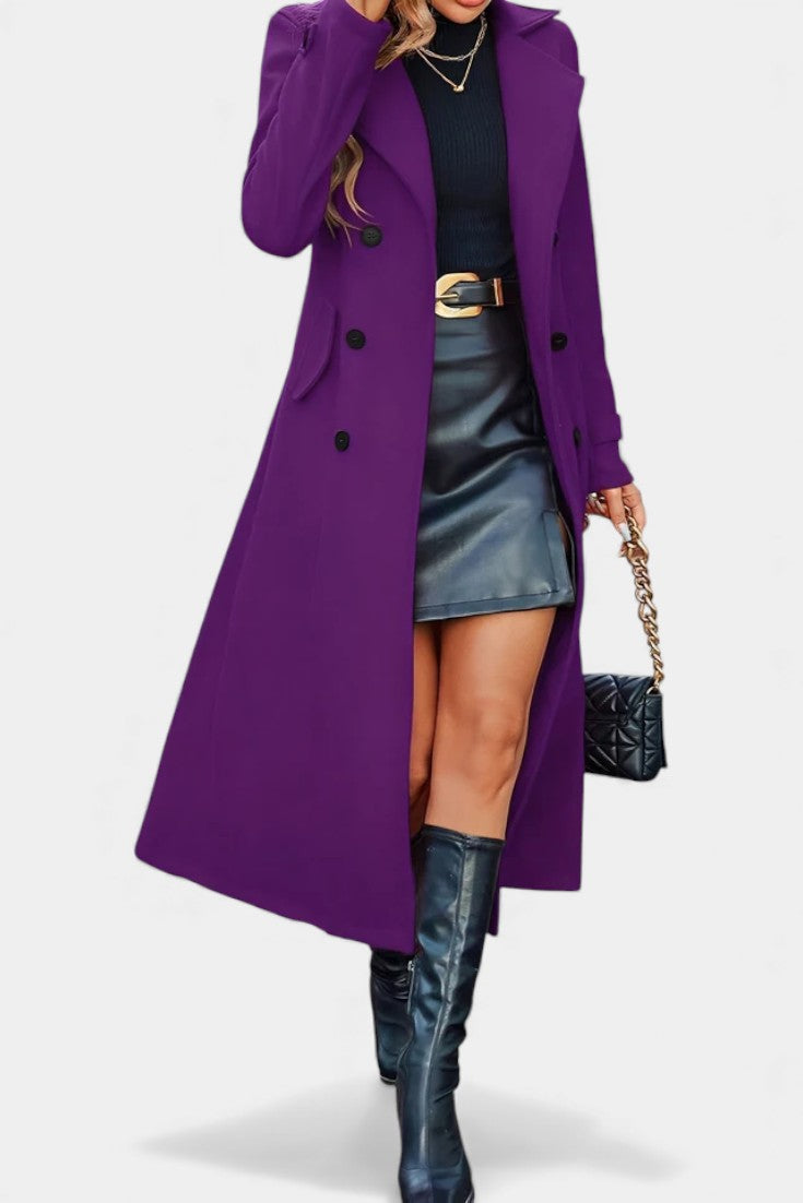 Naïssa Long Double-Breasted Coat with Notched Lapels